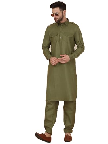 Image of KRAFT INDIA Men's Cotton Pathani Kurta With Drawstring Salwar Set