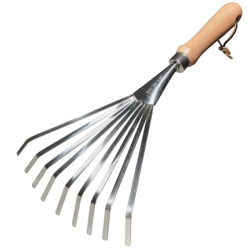GREBSTK Hand Rakes Stainless Steel Beech Handle Soil Tille Garden Shrub Rake Small Leaf Rakes for Sweep Leaves & Loose Debris in Garden, Lawns, Yards, 14.5, 9 Tines Fan Lawn Leaf