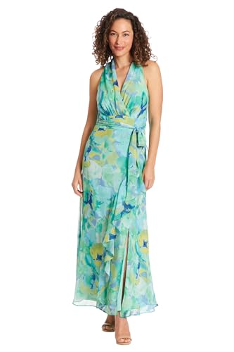 Image of London Times Women's V-Neck Waist Tie Ruffle Cascade Dress for Women | Wedding Guest Dresses for Women