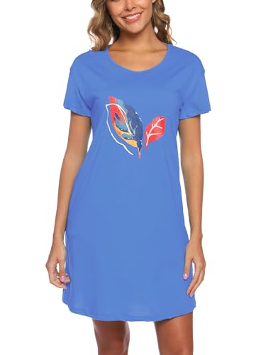 Image of ENJOYNIGHT Womens Cotton Nightgown Short Sleeve Sleepshirt Print Nightshirt | Short-Sleeve Crew Neck, Soft Cotton Fabric, Cartoon Printed Sleep Shirt, Loose Fit