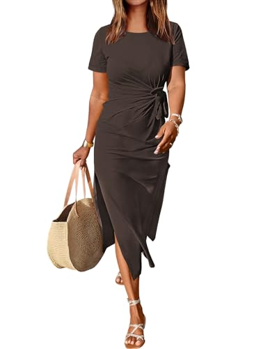 ANRABESS Women's 2026 Summer Maxi Tshirt Dress Short Sleeve Crewneck Tie Waist Casual Slim Fit Slit Spring Long Beach Dresses Coffee X-Large