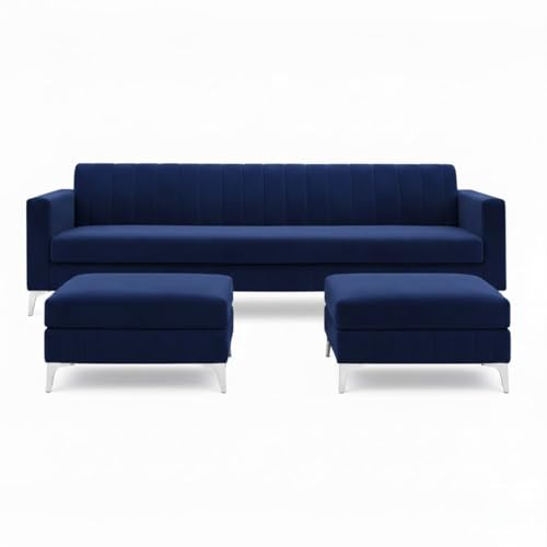 Image of Amelia 5 Seater L Shape Sofa Set with 2 Movable Ottomans | Flexible Layout | Rich Velvet Suede Fabric | Silver Legs | Spacious Seating | Modern Sofa for Living Room (Dark Blue)