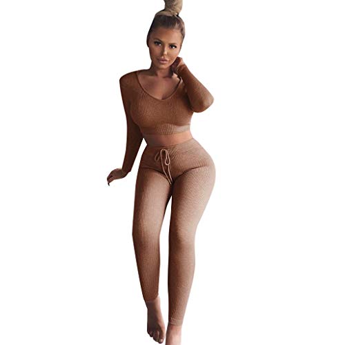 Forwelly Yoga Sweatsuit for Women Long Sleeve Crop Top+High Waist Leggings 2 Piece Outfits Sets Slim Fit Fitness Tracksuit Khaki