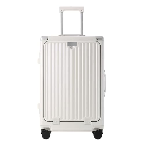 Suitcase Suitcase with Front Opening Aluminum Frame Multifunctional Cup Holder USB Charging Trolley Case Boarding Case Suitcases Large(White,20in)