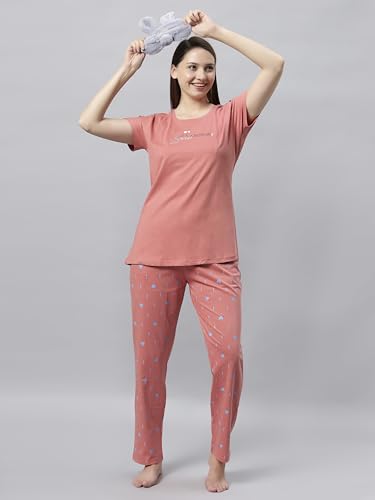 Image of DZZO Women's Cotton Printed Night Suit Set of T-Shirt & Pyjama, Night wear Dress, Relaxed wear for Women /Girls