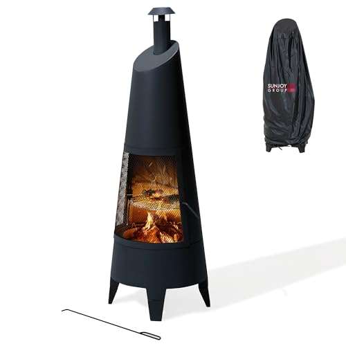 SUNJOY 2-in-1 Chiminea Fire Pit & Grill, 57' Tall Outdoor Fireplace with Removable Stainless Steel Grill Grate, Spark Screen & PVC Cover for Patio, Backyard, Cooking - Black