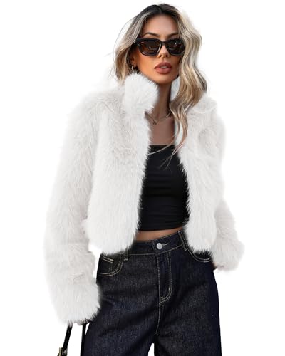 Womens Stand Collar Long Faux Fur Jacket Open Front Long Sleeve Fluffy Outwear Coat2