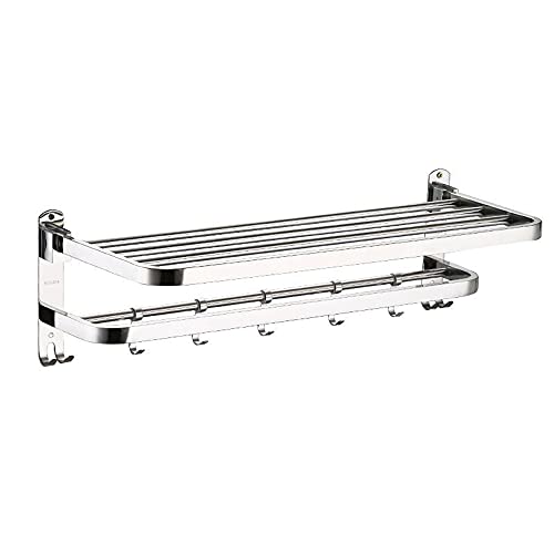 Toallero de acero inoxidable 304 con estante plegable de 60cm y 5 ganchos móviles para baño 2
