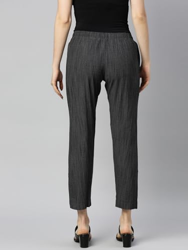 Image of MINELLI Women Solid Cigar Pants, Cotton Lycra Slub Fabric, Elasticated Waistband, Pull On Style, Regular Fit Bottom Wear for Western and Ethnic Wear