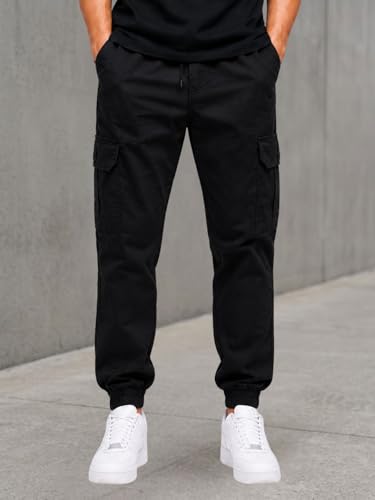 Image of Men's Cotton Cargo Pants | Cargo Trousers with Flap Buttoned Pocket | Elastic Waist Drawstring Casual Cargo Pants | Regular Fit Outdoor Travel Streetwear Bottom Wear