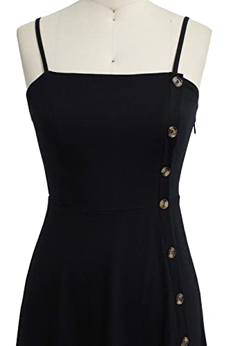 Women's Casual Summer Beach Flattering Flowy A-Line Spaghetti Straps Solid Cotton Button Down Midi Sundress4