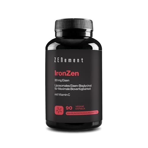 Liposomales Eisen-Bisglycinat 30 mg mit Vitamin C – Hohe Bioverfügbarkeit und Magenfreundlich – Stabile, Chelatierte und Synergetische Formel – 90 Vegane Kapseln – Zenement