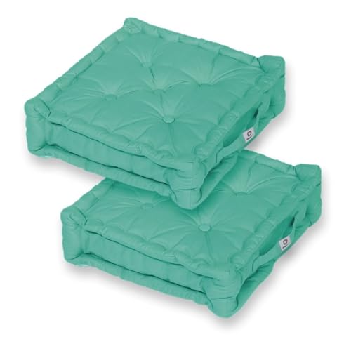 Juego de 2 Cojines de Suelo Cuadrados para salón o jardín - Cojines Acolchados con Tratamiento Repelente al Agua y asa de Transporte - Certificados Oeko-Tex - 50x50x15 cm, Azul Caribe - Déco Arts