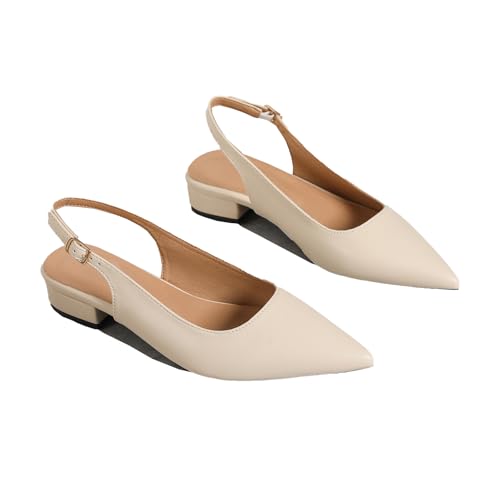 Women's Leather Slingback Low Block Heel Pumps Fashion Pointed Toe Ankle Strap Chunky Heel Slingback Dress Shoes for Wedding Party Office Shoes