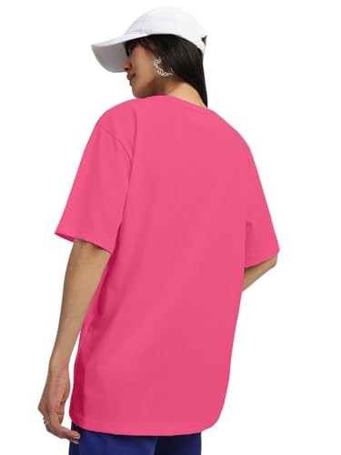 Image of JUNEBERRY Pure Cotton Oversized Drop Shoulder Brand Logo Typography Print Round-Neck Baggy Fit T-Shirt for Women (Available in Navy, Green & Pink Colors)