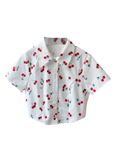 SweatyRocks Girl's Button Down Crop Blouse Cherry Print Collared Short Sleeve Shirts