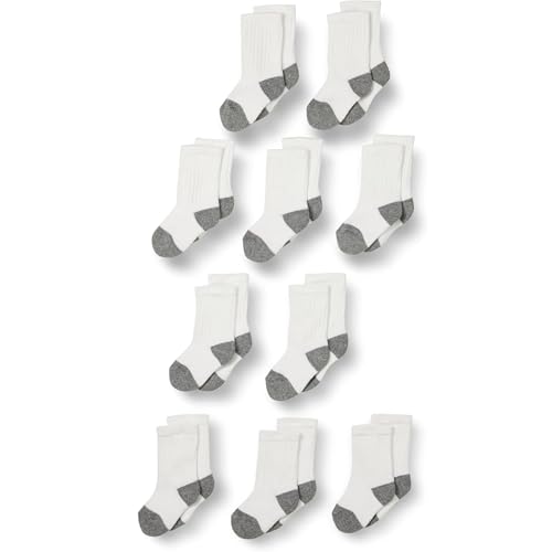 Amazon Essentials Unisex Toddlers' Cushioned Cotton Crew Socks, 10 Pairs, White/Grey, 4-5T