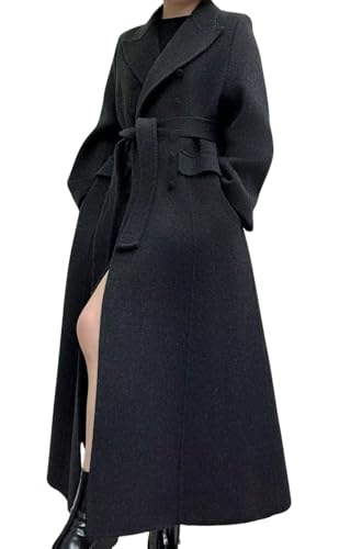 Image of CHARTOU Women Long Winter Wool Pea Coat Lapel Double Breasted Trench Over Coat with Belt (Medium,Black)