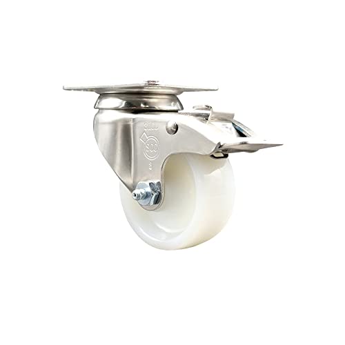 Nylon Swivel Top Plate Caster with 3 Inch White Caster Wheel and Total Lock Brake - 316 Stainless Steel Caster - 300 lbs. Capacity Per Caster - Service Caster Brand