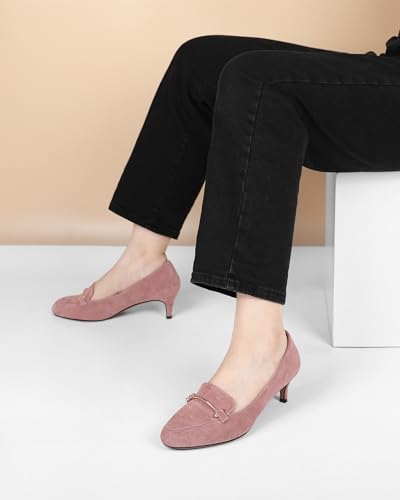 SAMMITOP Womens Kitten Heel Pumps Closed Round Toe Low Heel Slip On Loafer Pumps with Metal Chain Buckle Comfort Dress Work Shoes 2 Inch3