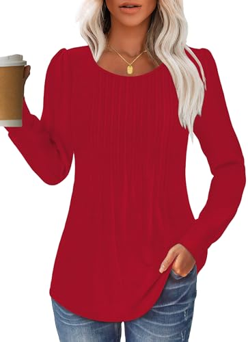 Women Long Sleeve Shirts Fall Tops Dressy Pleated Scooped Neck Tunic Tops for Leggings S-3XL