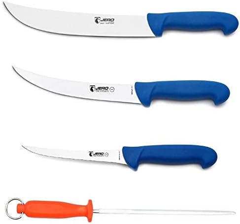 Jero 4 Piece P3 Butcher Meat Processing Set, Cimeter, Breaking, and Boning Knives - Includes Mundial Sharpening Steel