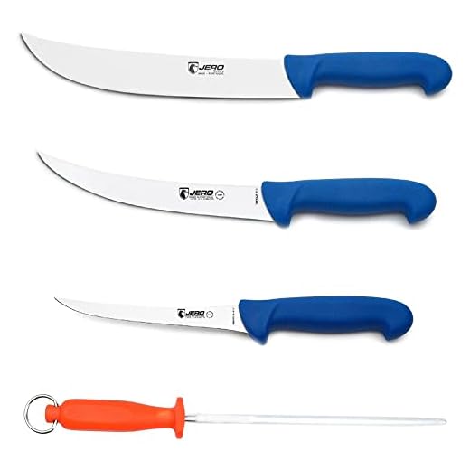 Jero 4 Piece P3 Butcher Meat Processing Set, Cimeter, Breaking, and Boning Knives - Includes Mundial Sharpening Steel