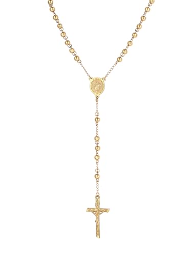 PROSTEEL Gold Virgin Mary Rosary Beads Necklace for Women Stainless Steel Tarnish-Resistant 26 Inch Catholic Prayer Y-Necklace with Crucifix Cross Gift Box & Prayer Card Included
