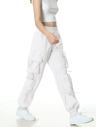 Image of EXARUS Girls Parachute Pants Cargo Hip Hop Wide Leg Baggy Y2K Teen | Tween Casual School Dance Streetwear with Pockets Elastic Waist Youth Junior Kids Bottoms Hiking 8-14Y