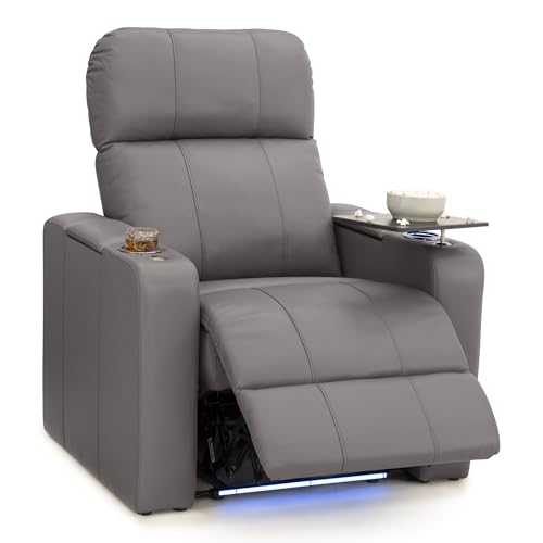 Image of Seatcraft Monterey Gray Italian Leather Home Theater Seating, Zero Gravity Power Recliner, Gaming and Home Office Chair, Powered Headrest Furniture for Family Cinema Room, Single Recliner