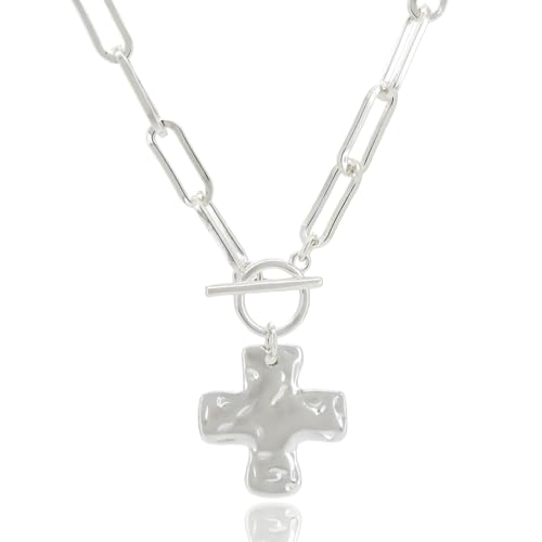 Gold Chunky Cross Necklace for Women - Statement Layered Hammered Cross Pendant Jewelry with Vintage Toggle Clasp, Bold Thick Chain Necklace Gift for Women