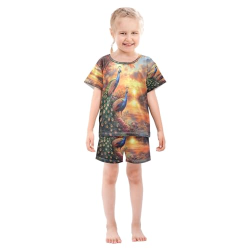 ALAZA Peacock Sunset Leaf Pajamas Set Short Sleeve Cotton Sleepwear Summer Pjs 2 Piece 5-14Y3