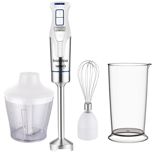 Bastilipo - Batidora de brazo con accesorios de 1200W, 4 cuchillas de acero, color blanco/acero, TURBOMIX-1200ACC