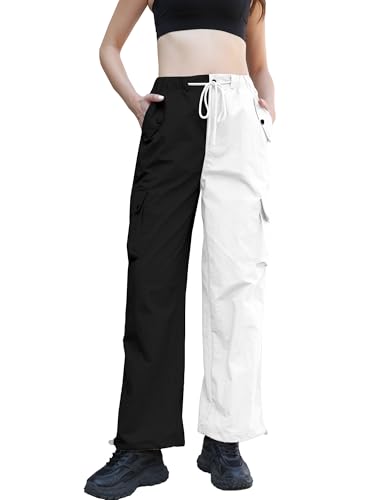 Image of Betusline Girls & Women's High Waist Wide Leg Cargo Pants Y2K Parachute Pants with Pockets and Drawstring 6 Years-Women 2XL
