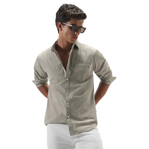 Image of Urbano Fashion Men's Cotton Full Sleeve Regular Fit Casual Solid Slub Shirt with Spread Collar