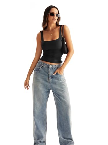 Womens Square Neck Double Lined Tank Tops Low Back Fitted Sleeveless Tops 5