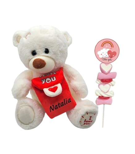 Regalos Personalizados con Nombre y Tarjeta con tu Mensaje | Peluche Personalizado Osito Mensajero Aniversario Parejas y San Valentín | Regalo Mujer y Hombre (25 CM)