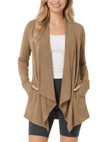 Image of ODODOS Women's Drape Open Front Cardigans Cozy Soft Long Sleeve Casual Wrap Outerwear with Pockets Thumb Hole