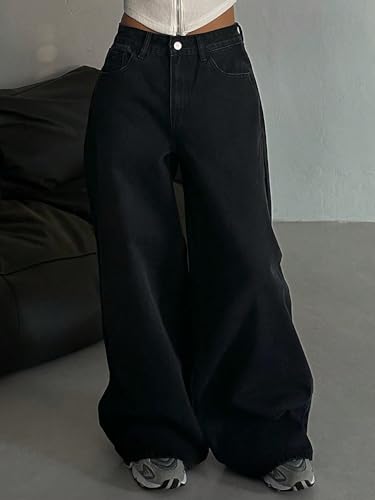 Image of Shasmi Women's Black Wide Leg Baggy Jeans | Loose Fit Denim Pants for Women | High Rise Streetwear | Casual Oversized Wide Leg Denim | Korean Style Baggy Trousers with Pockets (Jeans 296)