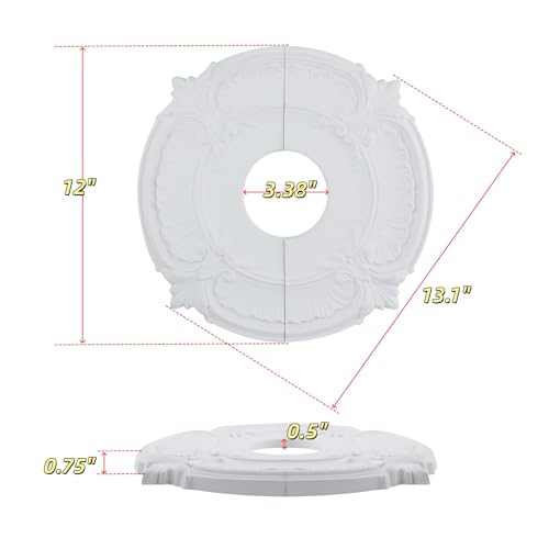 Image of PU Ceiling Medallions 2Pcs, 13.1 Inches x 3.38 Inches, White | Split Type, Paintable, Fits 3.38 Inches Canopy, European Vintage Carving Style, Made of Synthetic Foam