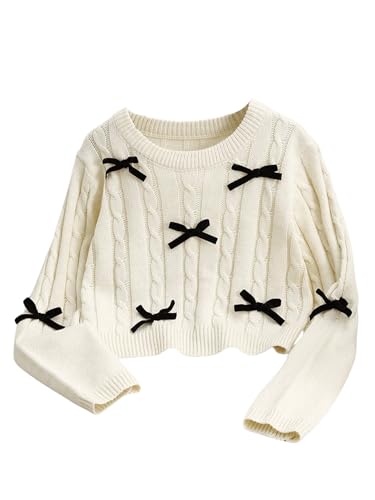 SweatyRocks Girl's Cable Knit Sweater Cute Bow Crewneck Long Sleeve Pullover Sweater