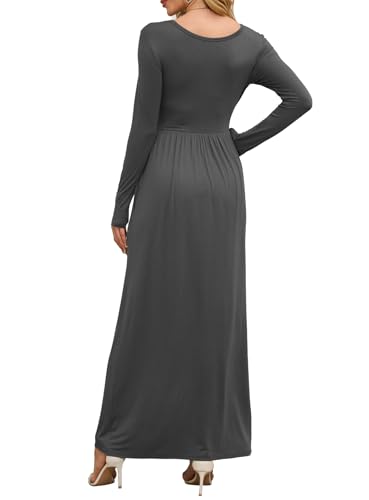Image of DEARCASE Women's Maxi Dress Long Sleeve Crewneck Empire Waist Long Dresses | Empire Waist,round neck,floor length, dual side pockets, A-line,fall winter long dresses for wedding guest,party,vacation