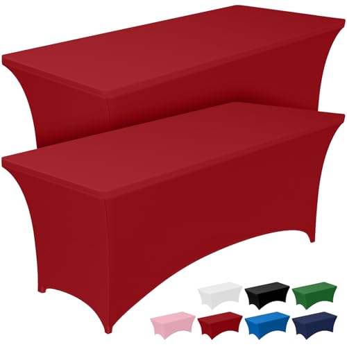 Image of Pureegg Spandex Tablecloth 6ft - 2 Pack, Fitted and Tight Cloth for Rectangle Table, Wrinkle-Free and Stretch Table Cover for Party, Wedding, Banquet and Birthday, Red
