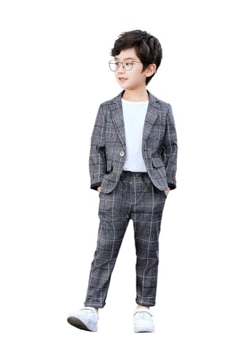 LOLANTA Kinder Grau Anzug, 2-teiliges festliches Set für Jungen, Hochzeits-Party-Outfits, Karierter Blazer und Hose, Abschlussball-Anlasskleidung, Dunkelgrau, 5-6 Jahre, 110
