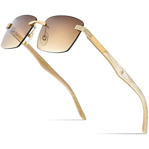 Image of HEPIDEM 100% Really Buffalo Horn Handmade Sun Glasses for Women,Square Rimless Luxury Buffs Sunglasses With Diamonds