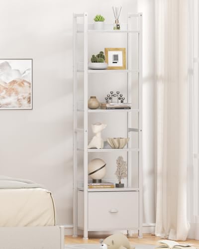 Image of Furologee 6 Tier Bookshelf, Tall Shelf with Drawer, Wood and Metal Bookshelves Storage Organizer, Modern Display Shelving Unit for Bedroom, Living Room, Home Office, White