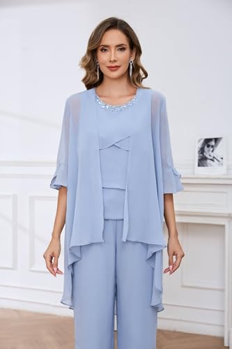 OFEYCHUN 3 Piece Mother of The Bride Pant Suits with Jacket Ruffle Layers Chiffon Formal Wedding Guest Outfit for Women4