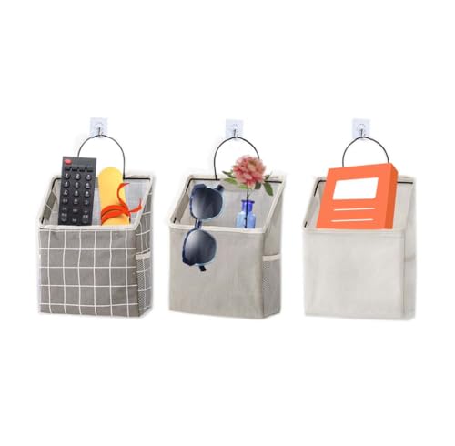 kamuavni Dorm Wall Organizer,Kitchen Shelves Wall Mounted,Closet Hanging Storage with Pocket,3 Pack Linen Cotton Organizer Box Containers 9 * 4.3 * 11.4inch (Gray+White+Plaids)