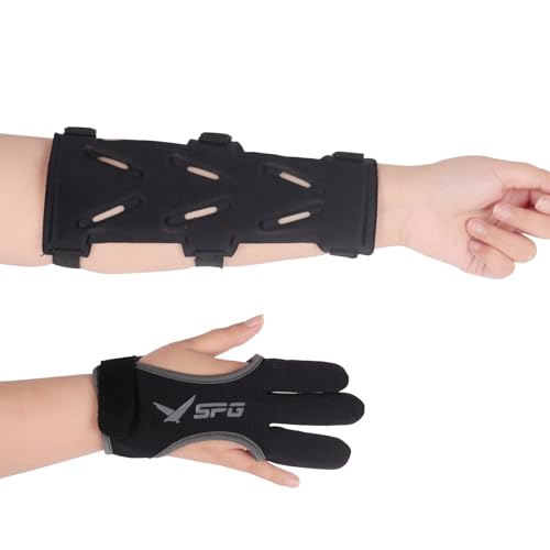SPG Arm Guards with Finger Gloves - Protective Gear Adjustable Bow Armguard Forearm Protector 3 Finger Protector Glove Set Accessories for Adults Youth Beginner Shooting Hunting Practice (Black, M)