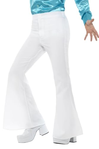 Smiffys Mens White Flared Trousers 1960s Fancy Dress Costume Retro Disco Pants for Adults Ideal for Decade-Themed Parties Festivals and Halloween M